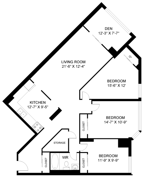 Floor plan for 3 beds, 1 bath, 1323 sqft